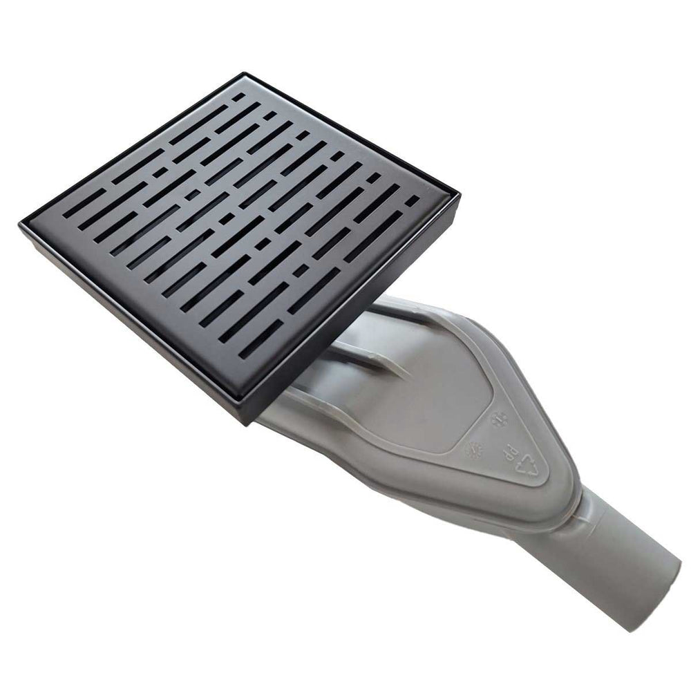 SereneDrains Wow Drain TM Side Discharge Outlet with 6 Inch Square Shower Drain Horizontal Low Profile