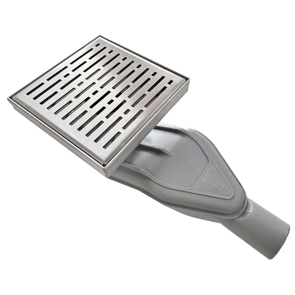 SereneDrains Wow Drain TM Side Discharge Outlet with 6 Inch Square Shower Drain Horizontal Low Profile