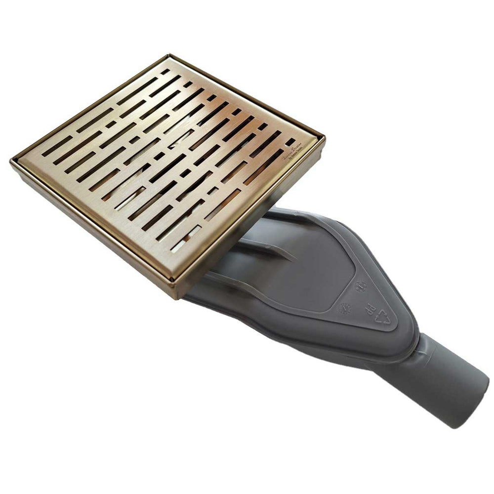 SereneDrains Wow Drain TM Side Discharge Outlet with 6 Inch Square Shower Drain Horizontal Low Profile