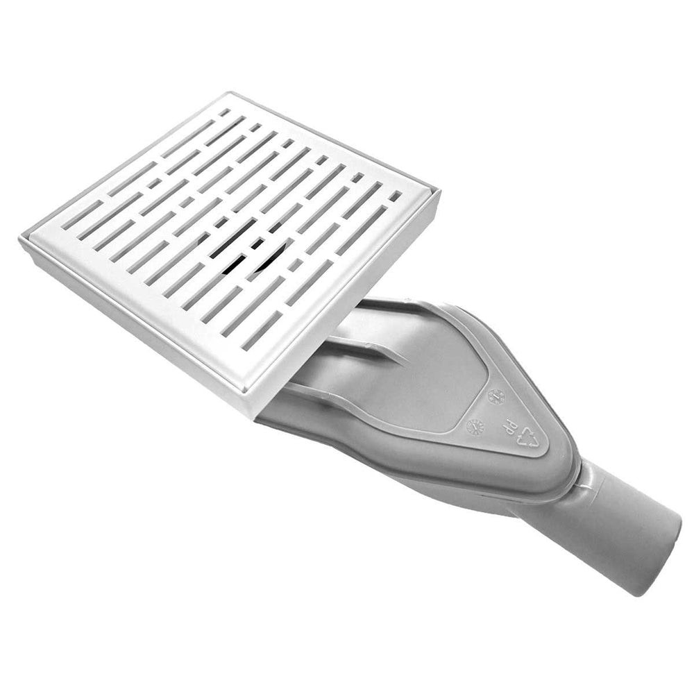 SereneDrains Wow Drain TM Side Discharge Outlet with 6 Inch Square Shower Drain Horizontal Low Profile