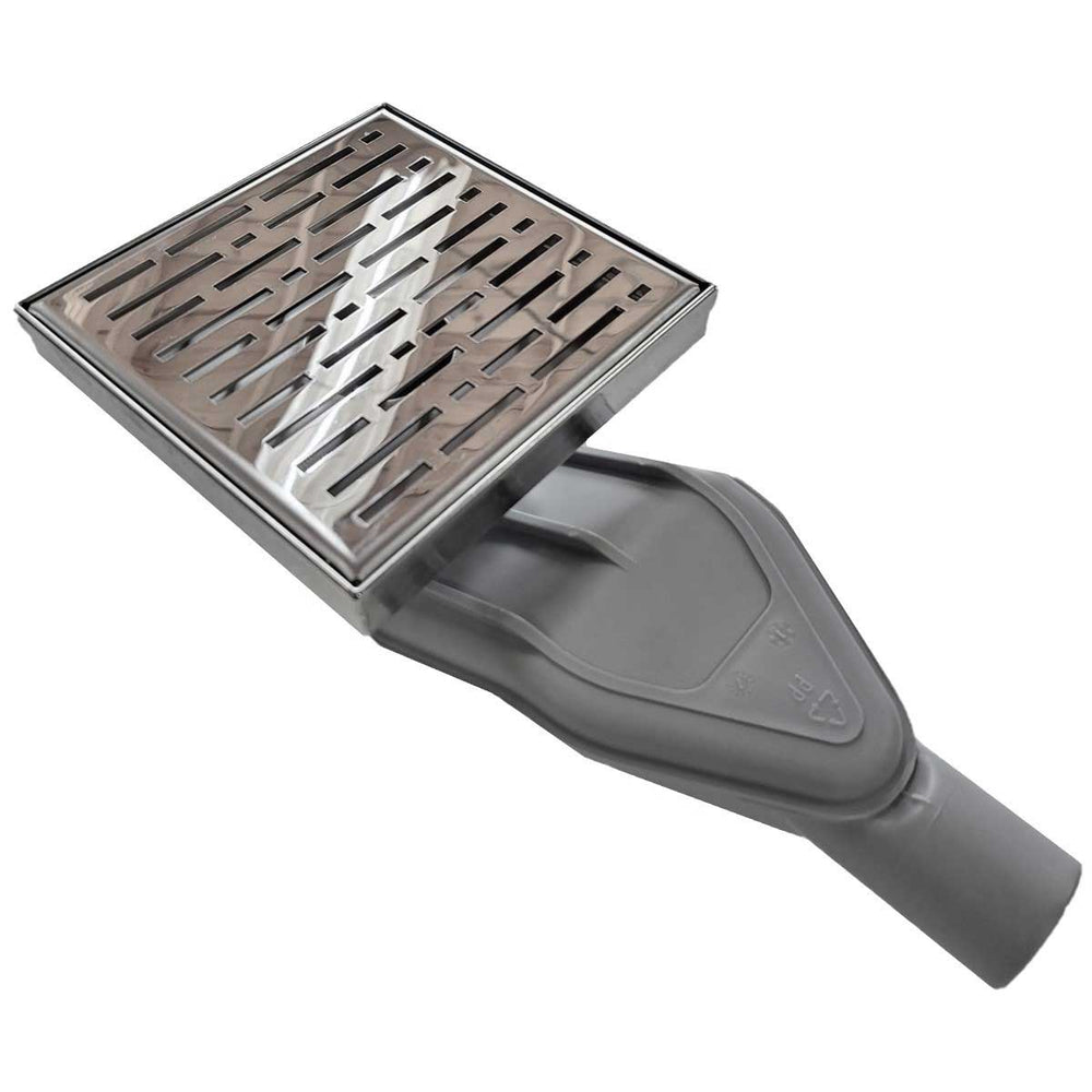 SereneDrains Wow Drain TM Side Discharge Outlet with 6 Inch Square Shower Drain Horizontal Low Profile